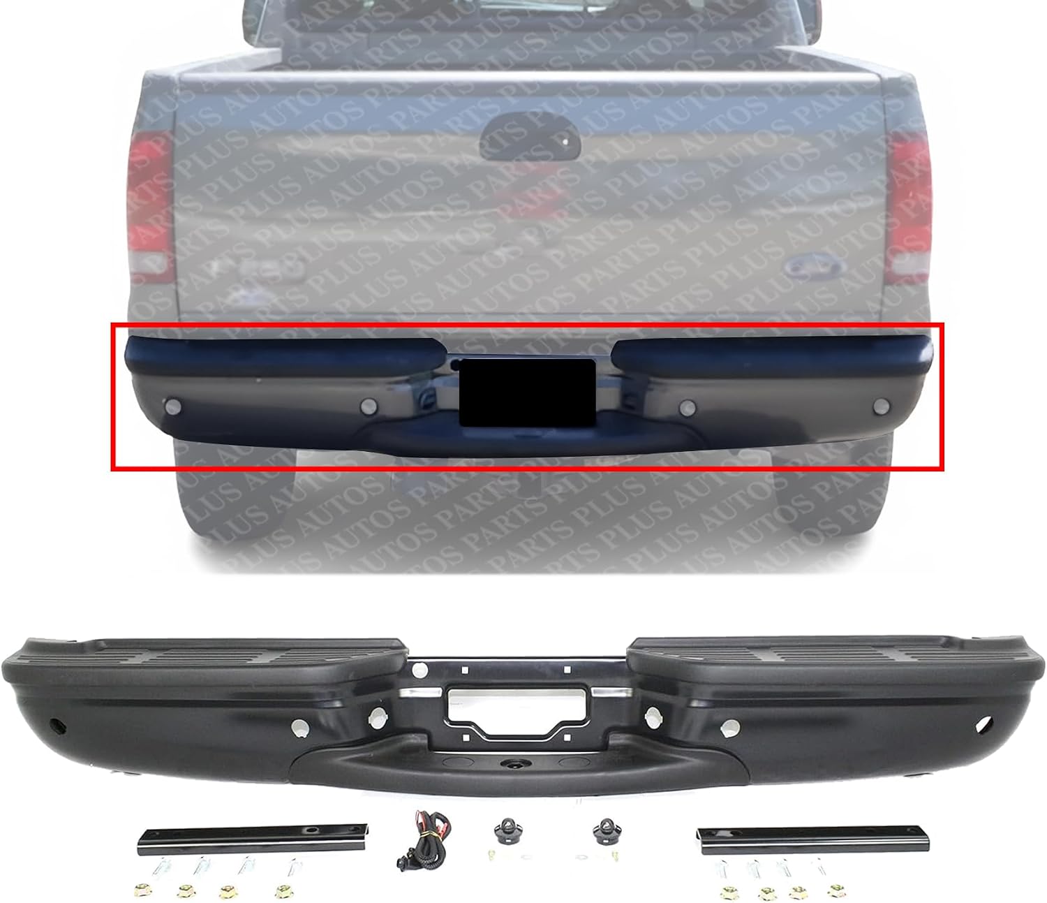 Step Bumper Assembly Primed With Rear Object Sensor Holes & Brackets Direct Replacement Compatible With 2001-2007 Ford F-250 F-350 Super Duty 3C3Z17906BA-PFM