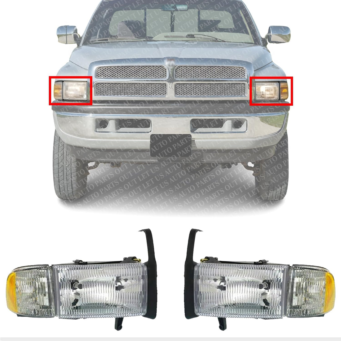 Set Of 2 Front Head Light Assembly Left Driver & Right Passenger Side Direct Replacement Compatible With 1994-2002 Dodge Ram 1500 2500 3500 CH2503101 CH2502101