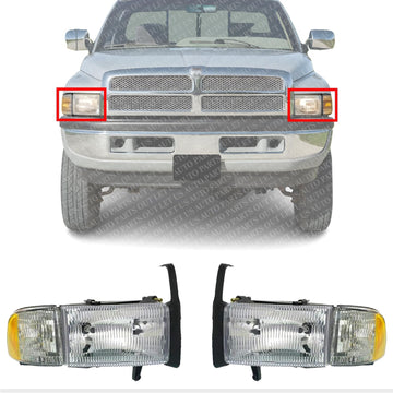 Set Of 2 Front Head Light Assembly Left Driver & Right Passenger Side Direct Replacement Compatible With 1994-2002 Dodge Ram 1500 2500 3500 CH2503101 CH2502101