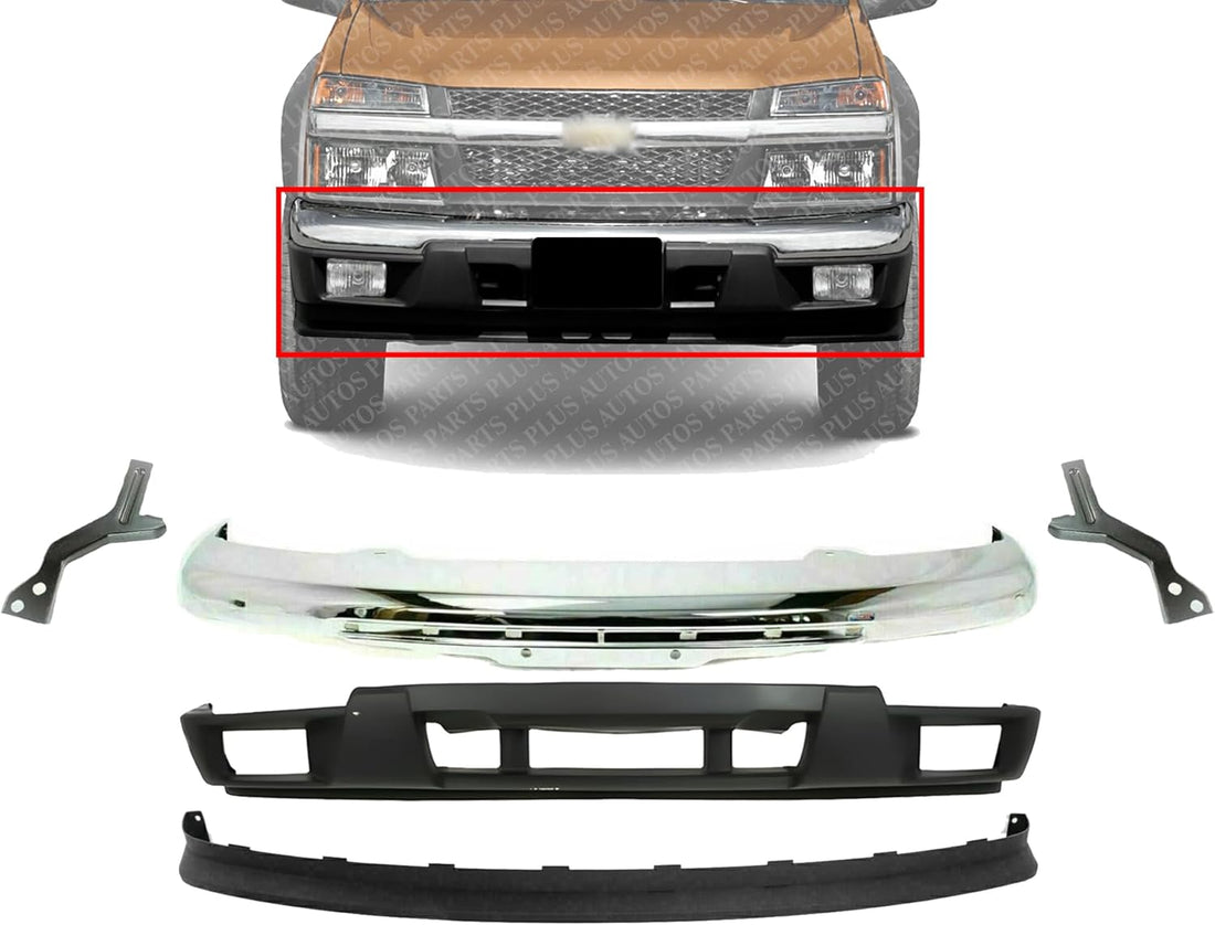 AUTOS PARTS PLUS Front Bumper Chrome Steel With Brackets + Lower Valance With Fog Light Holes + Extension Textured Direct Replacement Compatible With 2004-2012 Chevrolet Colorado/GMC Canyon