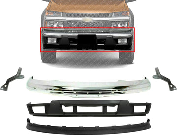 AUTOS PARTS PLUS Front Bumper Chrome Steel With Brackets + Lower Valance With Fog Light Holes + Extension Textured Direct Replacement Compatible With 2004-2012 Chevrolet Colorado/GMC Canyon