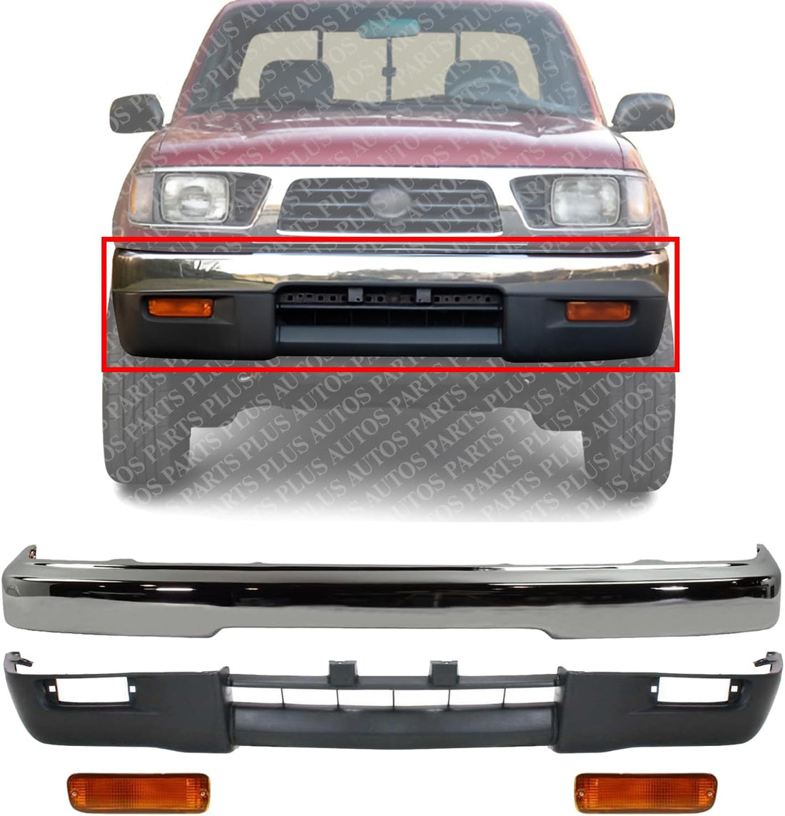 Front Bumper Chrome Steel + Lower Valance Panel Textured + Signal Lamp Left Driver & Right Passenger Side Direct Replacement Compatible With 1995-1997 Toyota Tacoma TO1002156