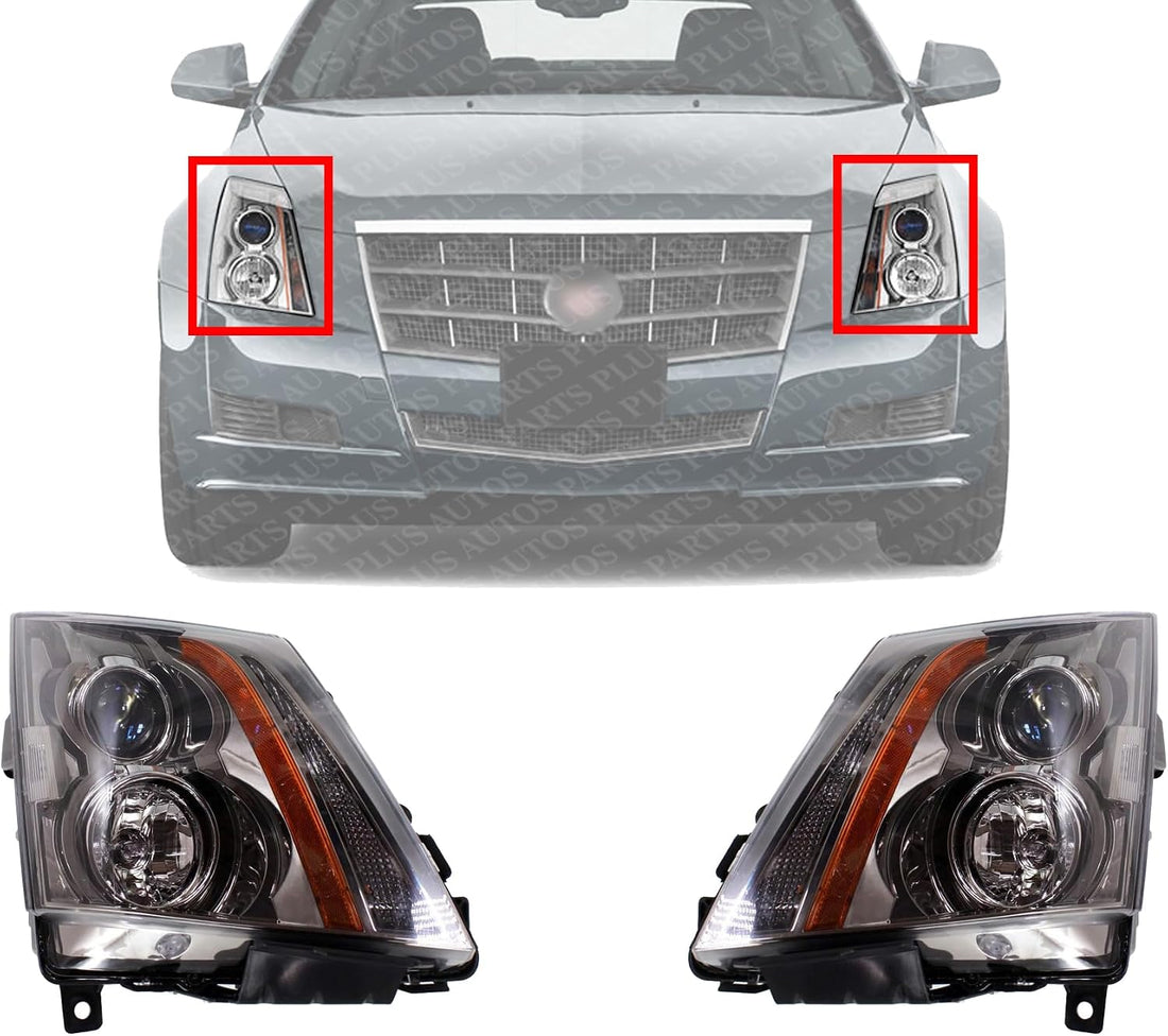 Set Of 2 Front Head Light Assembly Halogen Left Driver & Right Passenger Side Direct Replacement Compatible With 2008-2015 Cadillac CTS GM2502309 GM2503309 22783445 22783446