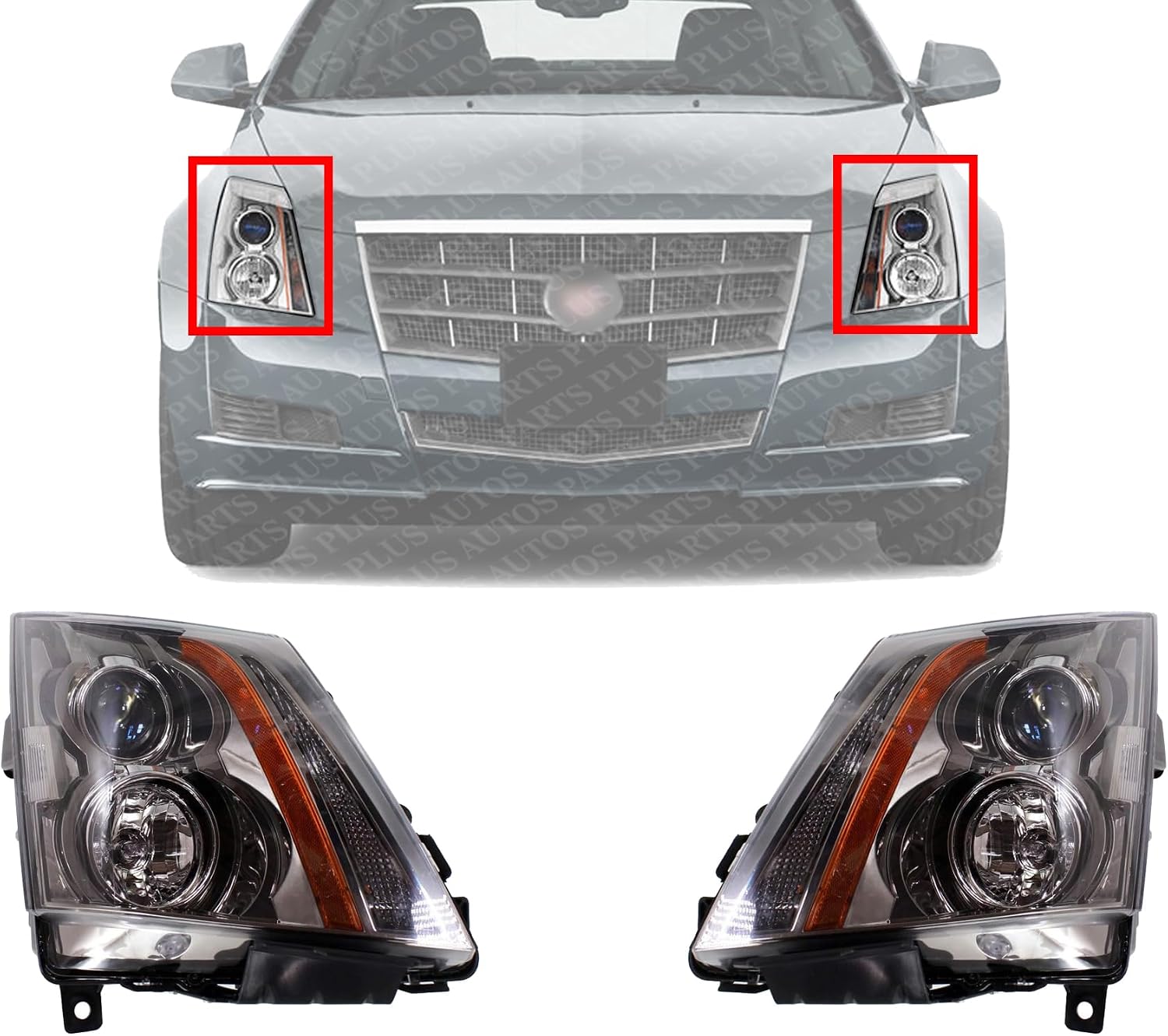 Set Of 2 Front Head Light Assembly Halogen Left Driver & Right Passenger Side Direct Replacement Compatible With 2008-2015 Cadillac CTS GM2502309 GM2503309 22783445 22783446