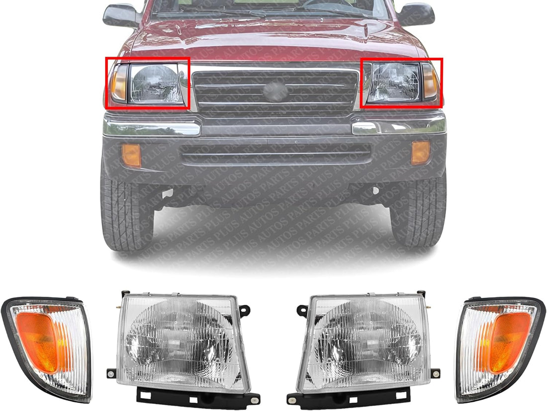 AUTOS PARTS PLUS Front Headlights + Corner Lights Assembly Left Driver & Right Passenger Side Direct Replacement Compatible With 1997-2000 Toyota Tacoma TO2503120 TO2502120 TO2520155 TO2521155