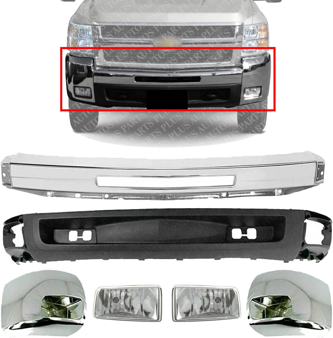 Front Bumper + End Caps Chrome + Lower Valance Textured + Fog Light Assembly Right & Left Side Direct Replacement Compatible With Chevrolet Silverado 2500HD 3500HD 2007-2010 GM1092202