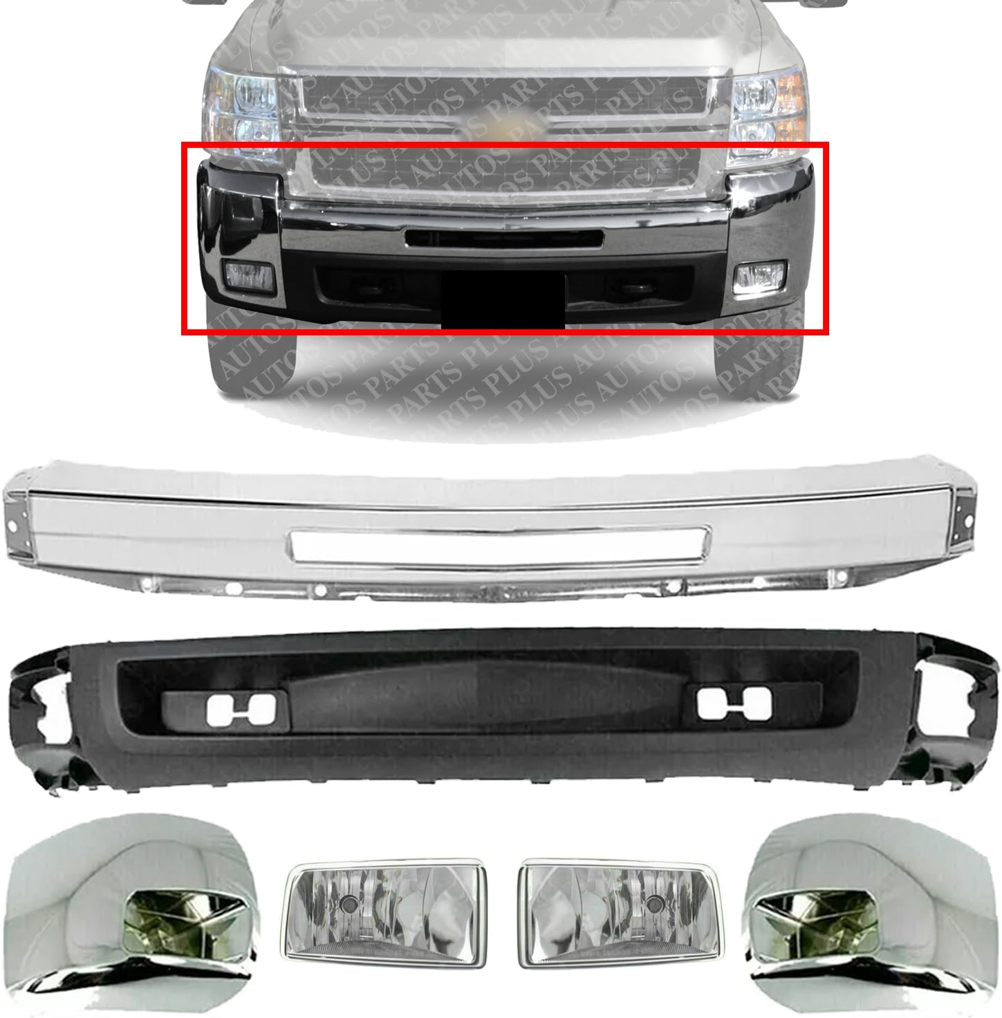 Front Bumper + End Caps Chrome + Lower Valance Textured + Fog Light Assembly Right & Left Side Direct Replacement Compatible With Chevrolet Silverado 2500HD 3500HD 2007-2010 GM1092202