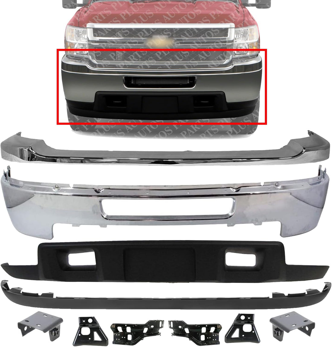 Front Bumper Steel + Upper Cover Chrome + Lower Valance + Extension Textured + Bracket Set Of 6 RH & LH Side Direct Replacement Compatible With Chevy Silverado 2500HD 3500HD 2011-2014