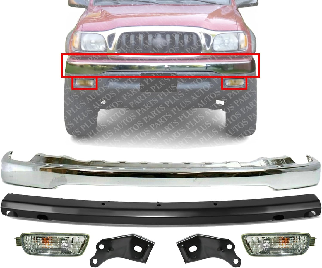 Front Bumper Chrome Steel + Reinforcement + Signal Lamps + Brackets Left & Right Side Direct Replacement Compatible With 2001-2004 Toyota Tacoma TO1002174 TO1006184