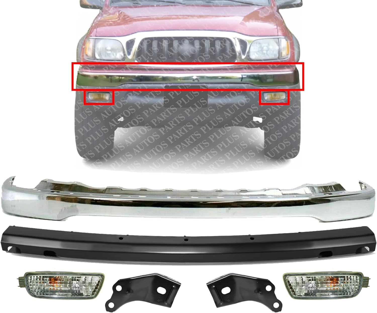 Front Bumper Chrome Steel + Reinforcement + Signal Lamps + Brackets Left & Right Side Direct Replacement Compatible With 2001-2004 Toyota Tacoma TO1002174 TO1006184