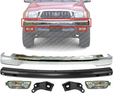 Front Bumper Chrome Steel + Reinforcement + Signal Lamps + Brackets Left & Right Side Direct Replacement Compatible With 2001-2004 Toyota Tacoma TO1002174 TO1006184