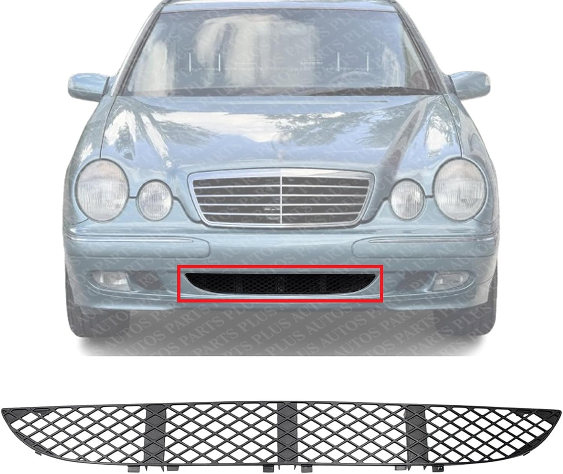 Front Bumper Center Grille Primed Plastic Direct Replacement Compatible With 2000-2002 Mercedes Benz E-Class MB1036101 2108850053