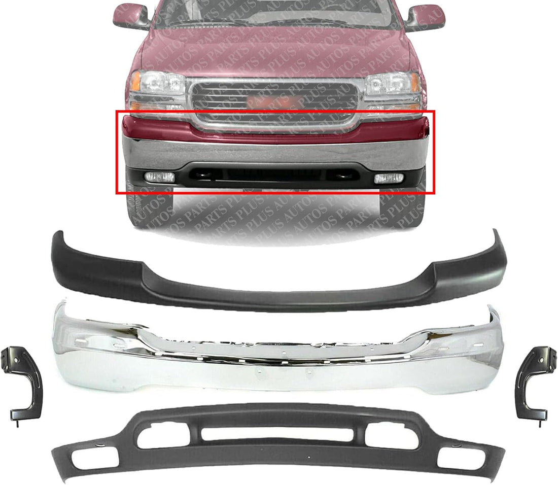AUTOS PARTS PLUS Front Bumper Chrome Steel With Brackets + Upper Cover Primed + Valance Textured Direct Replacement Compatible With 1999-2002 GMC Sierra/ 2000-2006 Yukon 1500 2500 GM1051104