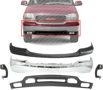 AUTOS PARTS PLUS Front Bumper Chrome Steel With Brackets + Upper Cover Primed + Valance Textured Direct Replacement Compatible With 1999-2002 GMC Sierra/ 2000-2006 Yukon 1500 2500 GM1051104