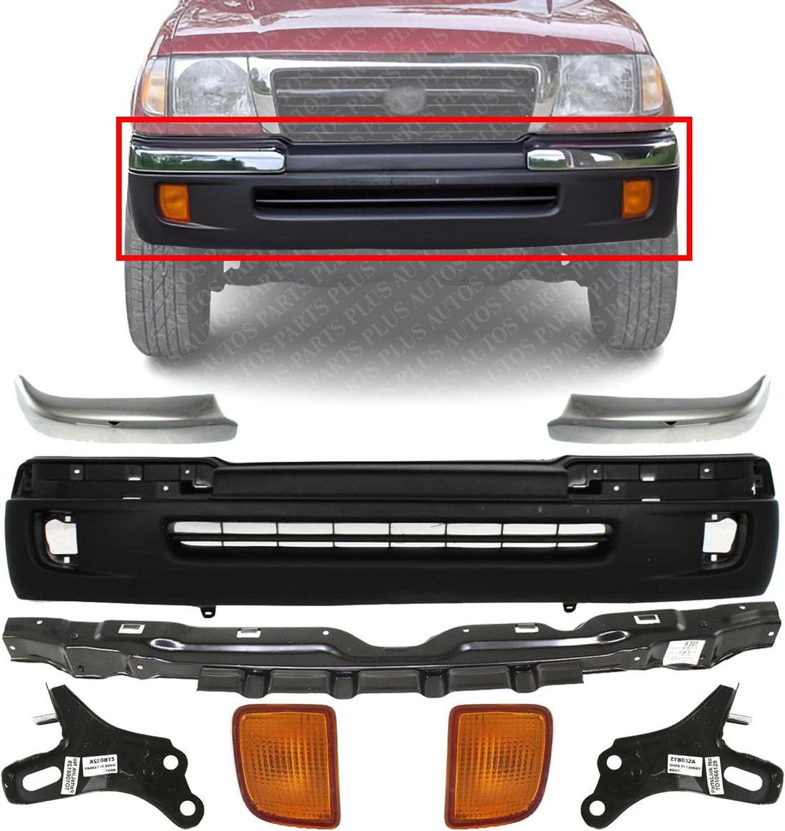 Front Bumper Textured + Trims Chrome + Reinforcement + Brackets + Signal Lights Left Driver & Right Passenger Side Direct Replacement Compatible With Toyota Tacoma 1998-2000