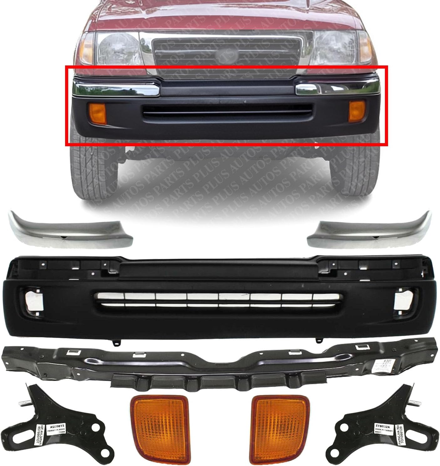 Front Bumper Textured + Trims Chrome + Reinforcement + Brackets + Signal Lights Left Driver & Right Passenger Side Direct Replacement Compatible With Toyota Tacoma 1998-2000