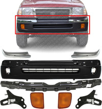 Front Bumper Textured + Trims Chrome + Reinforcement + Brackets + Signal Lights Left Driver & Right Passenger Side Direct Replacement Compatible With Toyota Tacoma 1998-2000