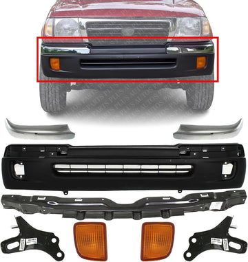 Front Bumper Textured + Trims Chrome + Reinforcement + Brackets + Signal Lights Left Driver & Right Passenger Side Direct Replacement Compatible With Toyota Tacoma 1998-2000