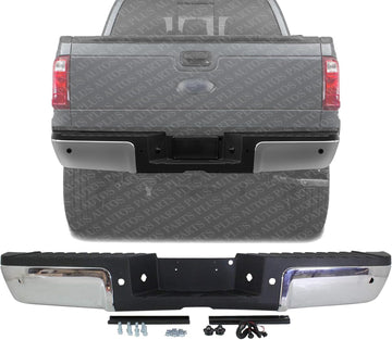 Step Bumper Assembly Chrome Steel With Rear Object Sensor Holes Direct Replacement Compatible With 2008-2016 Ford F-Series Super Duty FO1103150 9C3Z17906D-PFM