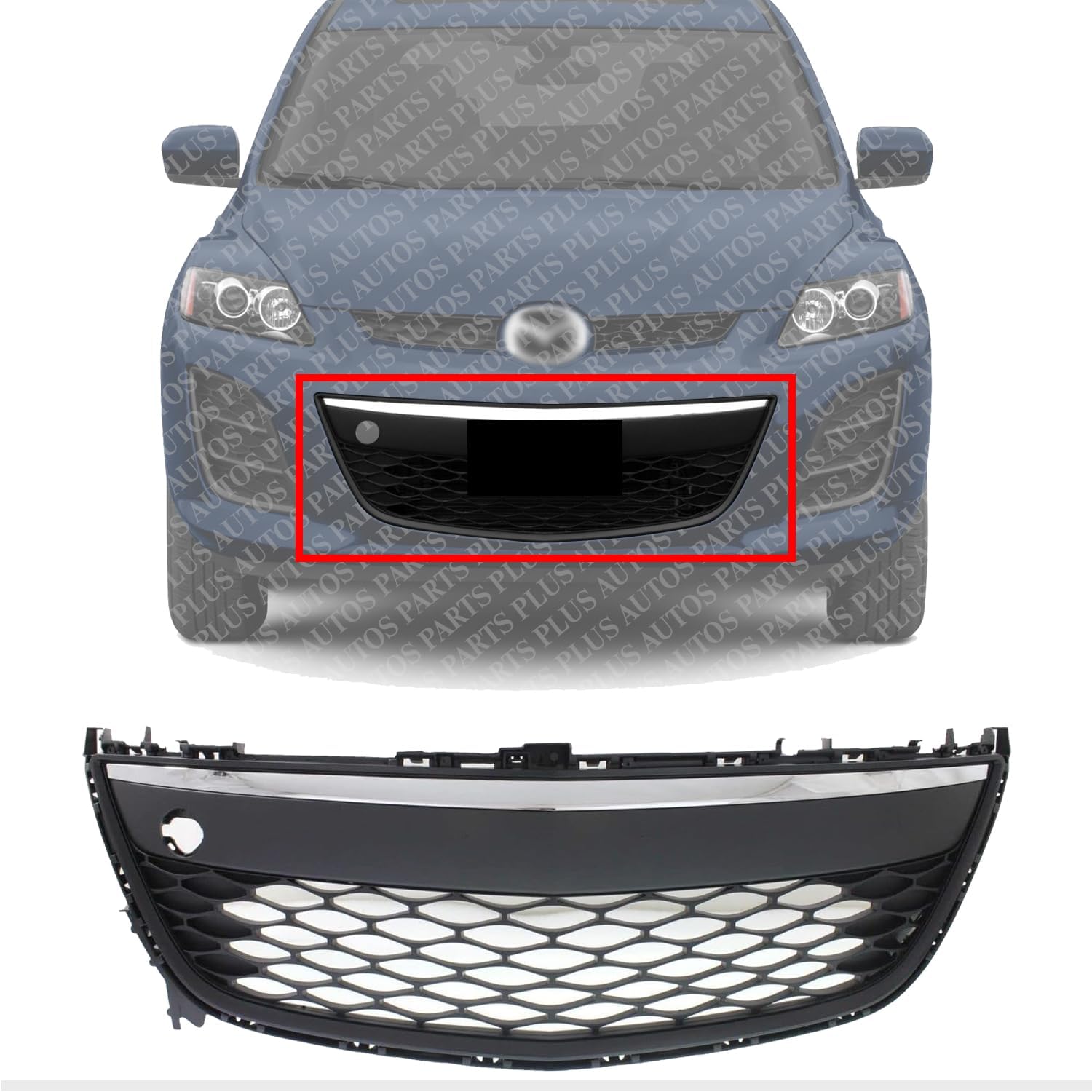 Front Bumper Grille Black With Chrome Trim Direct Replacement Compatible With 2010-2012 Mazda CX-7 MA1036121 EH44501T0H