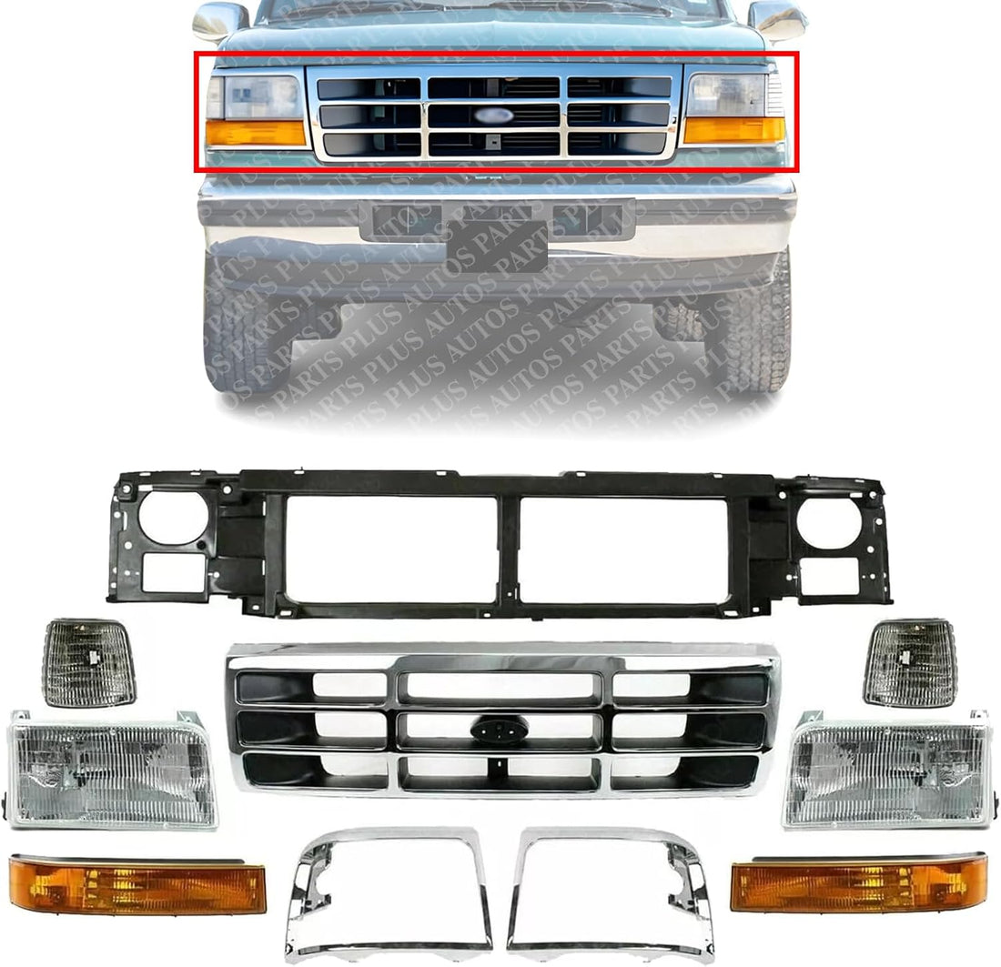 AUTOS PARTS PLUS Front Grille Shell With Gray Insert+ Bezel Chrome + Header Panel + Headlight + Signal & Corner Lamp Left And Right Side Direct Replacement Compatible With 1992-1997 Ford F-Series