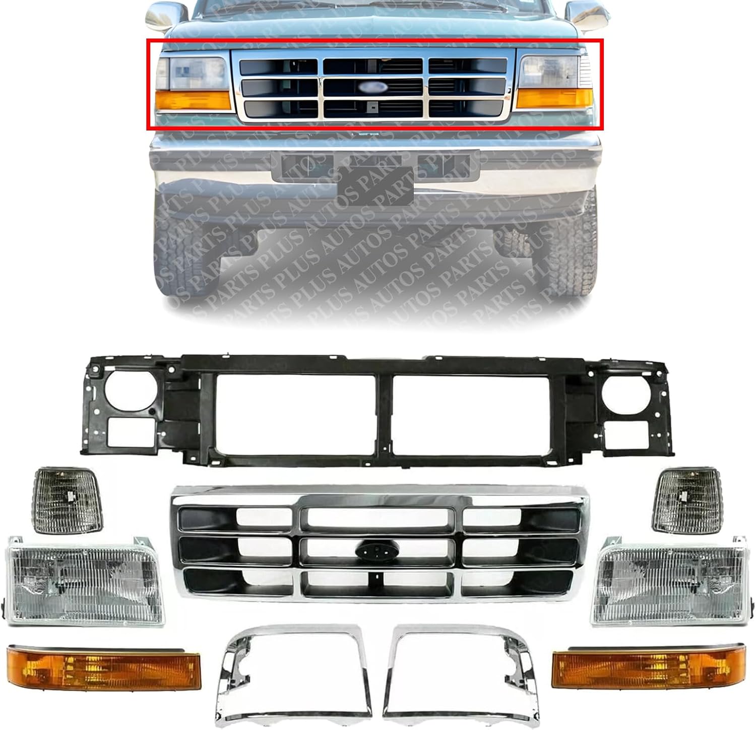 AUTOS PARTS PLUS Front Grille Shell With Gray Insert+ Bezel Chrome + Header Panel + Headlight + Signal & Corner Lamp Left And Right Side Direct Replacement Compatible With 1992-1997 Ford F-Series