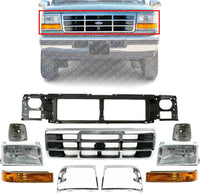 AUTOS PARTS PLUS Front Grille Shell With Gray Insert+ Bezel Chrome + Header Panel + Headlight + Signal & Corner Lamp Left And Right Side Direct Replacement Compatible With 1992-1997 Ford F-Series