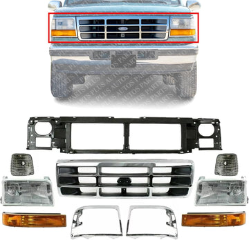 AUTOS PARTS PLUS Front Grille Shell With Gray Insert+ Bezel Chrome + Header Panel + Headlight + Signal & Corner Lamp Left And Right Side Direct Replacement Compatible With 1992-1997 Ford F-Series