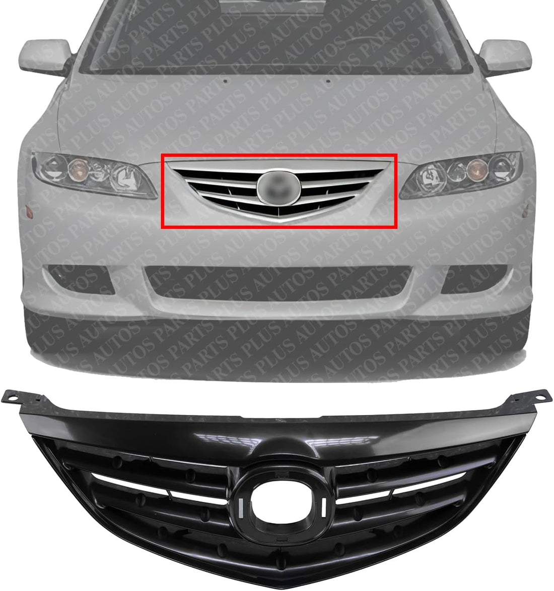 Front Grille Primed Shell And Horizontal Bar Insert Plastic Direct Replacement Compatible With 2003-2005 Mazda 6 MA1200173 GM9A50711ACC