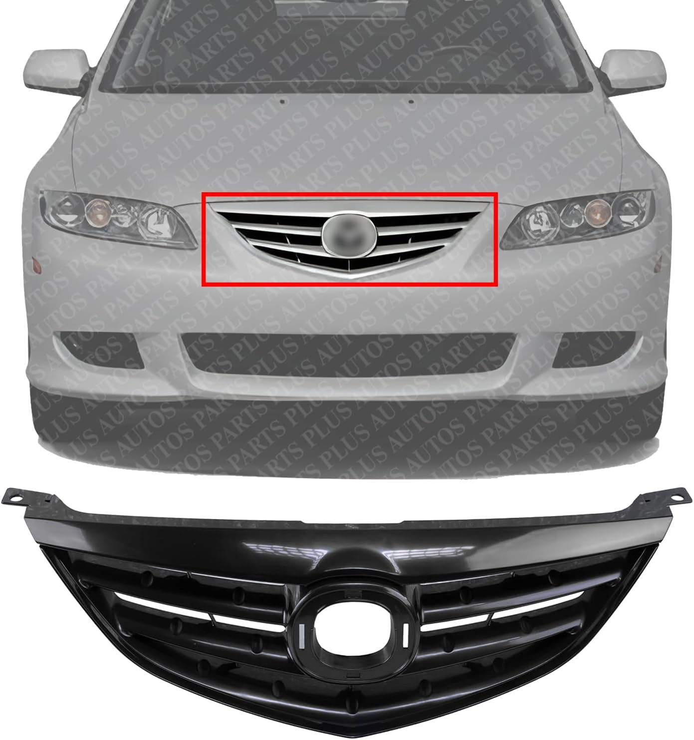Front Grille Primed Shell And Horizontal Bar Insert Plastic Direct Replacement Compatible With 2003-2005 Mazda 6 MA1200173 GM9A50711ACC