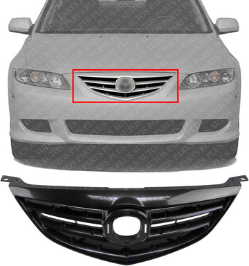 Front Grille Primed Shell And Horizontal Bar Insert Plastic Direct Replacement Compatible With 2003-2005 Mazda 6 MA1200173 GM9A50711ACC
