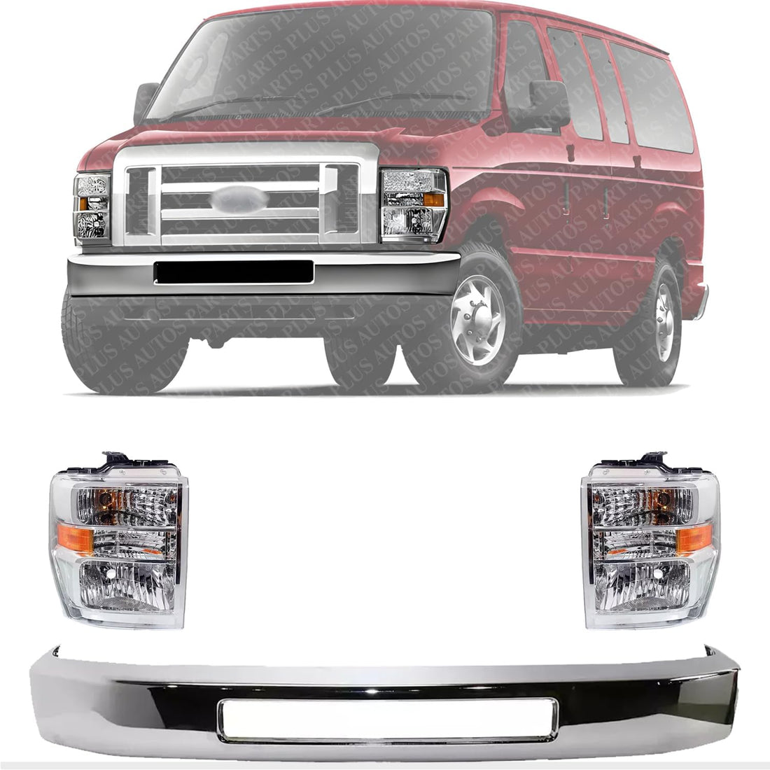 Front Bumper Chrome Steel + Head Light Assembly Left Driver & Right Passenger Side Direct Replacement Compatible With 2008-2019 Ford Econoline Van