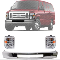 Front Bumper Chrome Steel + Head Light Assembly Left Driver & Right Passenger Side Direct Replacement Compatible With 2008-2019 Ford Econoline Van