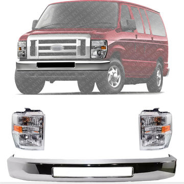 Front Bumper Chrome Steel + Head Light Assembly Left Driver & Right Passenger Side Direct Replacement Compatible With 2008-2019 Ford Econoline Van