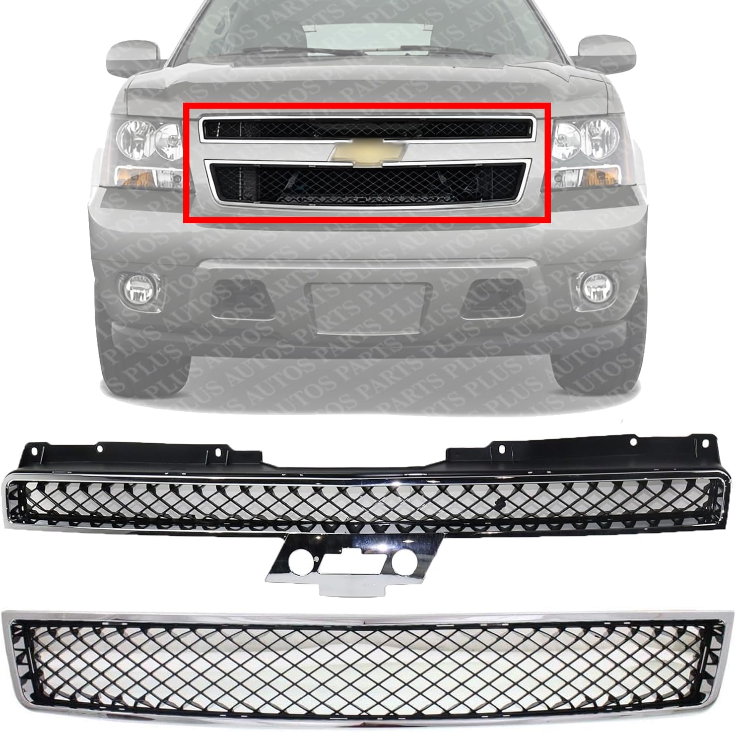 Front Bumper Upper And Lower Grille Chrome Shell And Primed Insert Direct Replacement Compatible With 2007-2014 Chevrolet Tahoe / 2007-2013 Avalanche GM1200563 GM1200553 22830013
