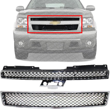 Front Bumper Upper And Lower Grille Chrome Shell And Primed Insert Direct Replacement Compatible With 2007-2014 Chevrolet Tahoe / 2007-2013 Avalanche GM1200563 GM1200553 22830013