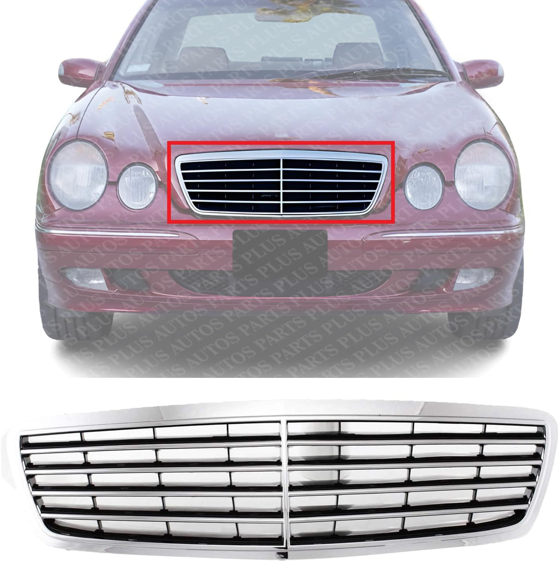 Front Grille Assembly Chrome Shell With Prime Insert Plastic Direct Replacement Compatible With 2000-2002 Mercedes Benz E-Class MB1200116 21088006839040