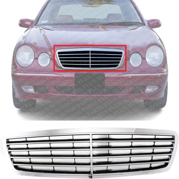 Front Grille Assembly Chrome Shell With Prime Insert Plastic Direct Replacement Compatible With 2000-2002 Mercedes Benz E-Class MB1200116 21088006839040