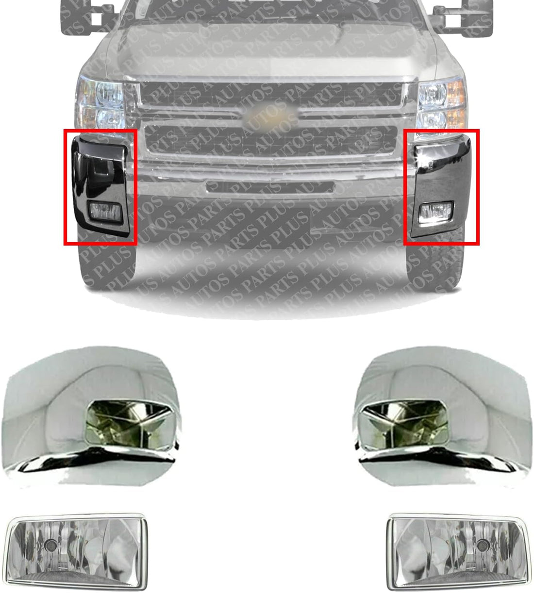 AUTOS PARTS PLUS Front Bumper Chrome End Caps + Fog Lights Assembly Left Driver & Right Passenger Side Direct Replacement Compatible With 2007-2012 Chevrolet Silverado 2500HD 3500HD GM1017108