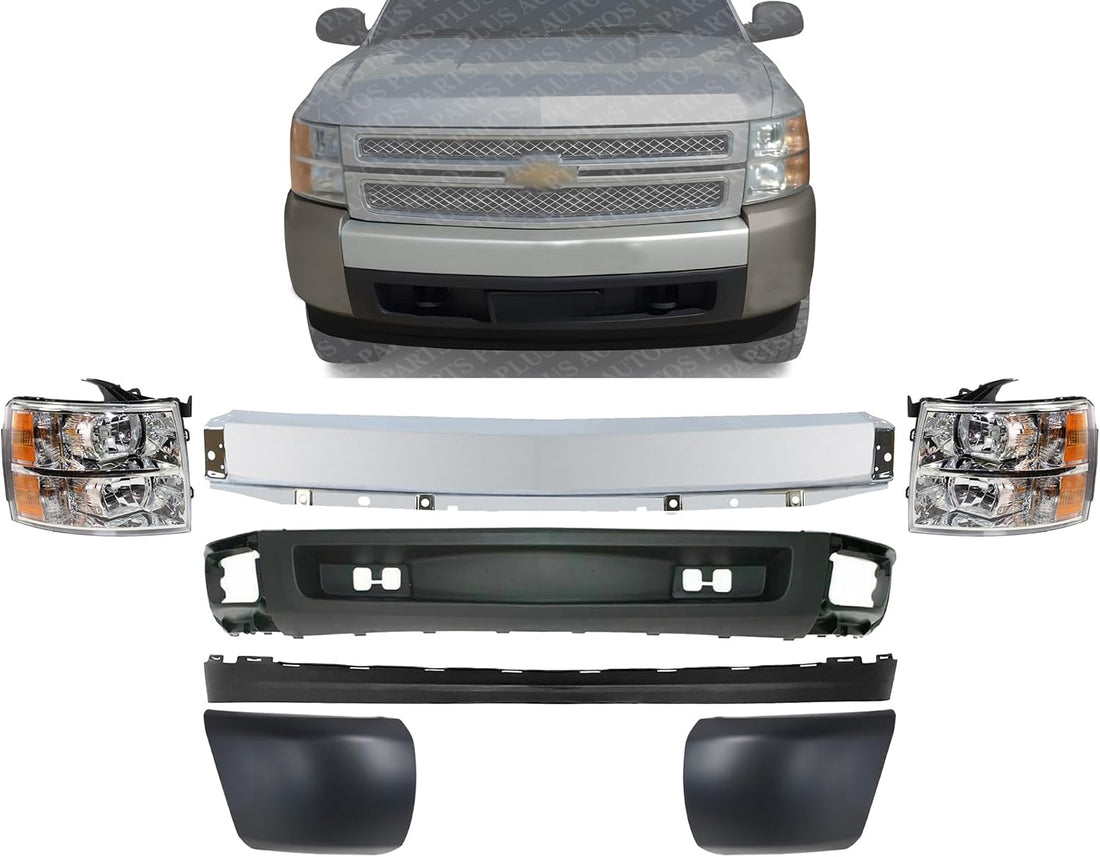 Front Bumper Impact Bar Steel + Lower Valance Air Deflector + Extension + End Caps + Headlights Left & Right Side Direct Replacement Compatible With 2007-2013 Chevrolet Silverado 1500