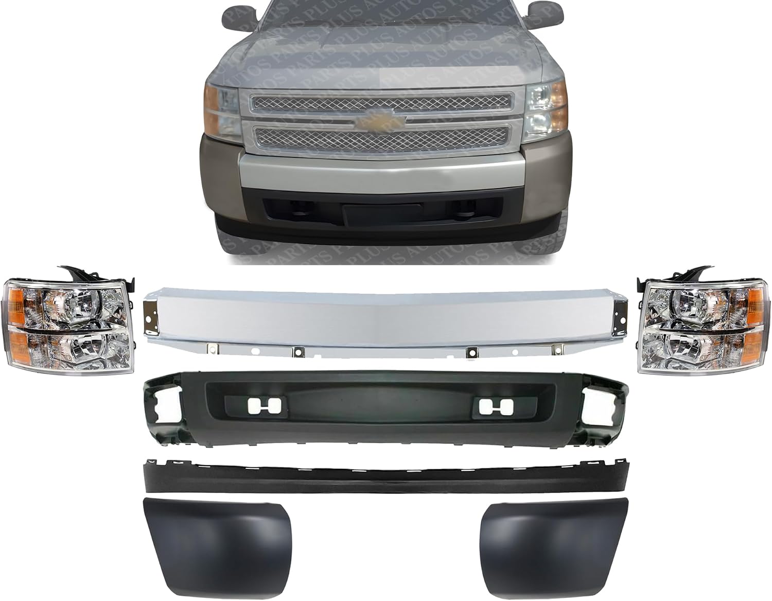Front Bumper Impact Bar Steel + Lower Valance Air Deflector + Extension + End Caps + Headlights Left & Right Side Direct Replacement Compatible With 2007-2013 Chevrolet Silverado 1500