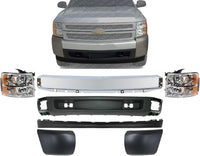 Front Bumper Impact Bar Steel + Lower Valance Air Deflector + Extension + End Caps + Headlights Left & Right Side Direct Replacement Compatible With 2007-2013 Chevrolet Silverado 1500