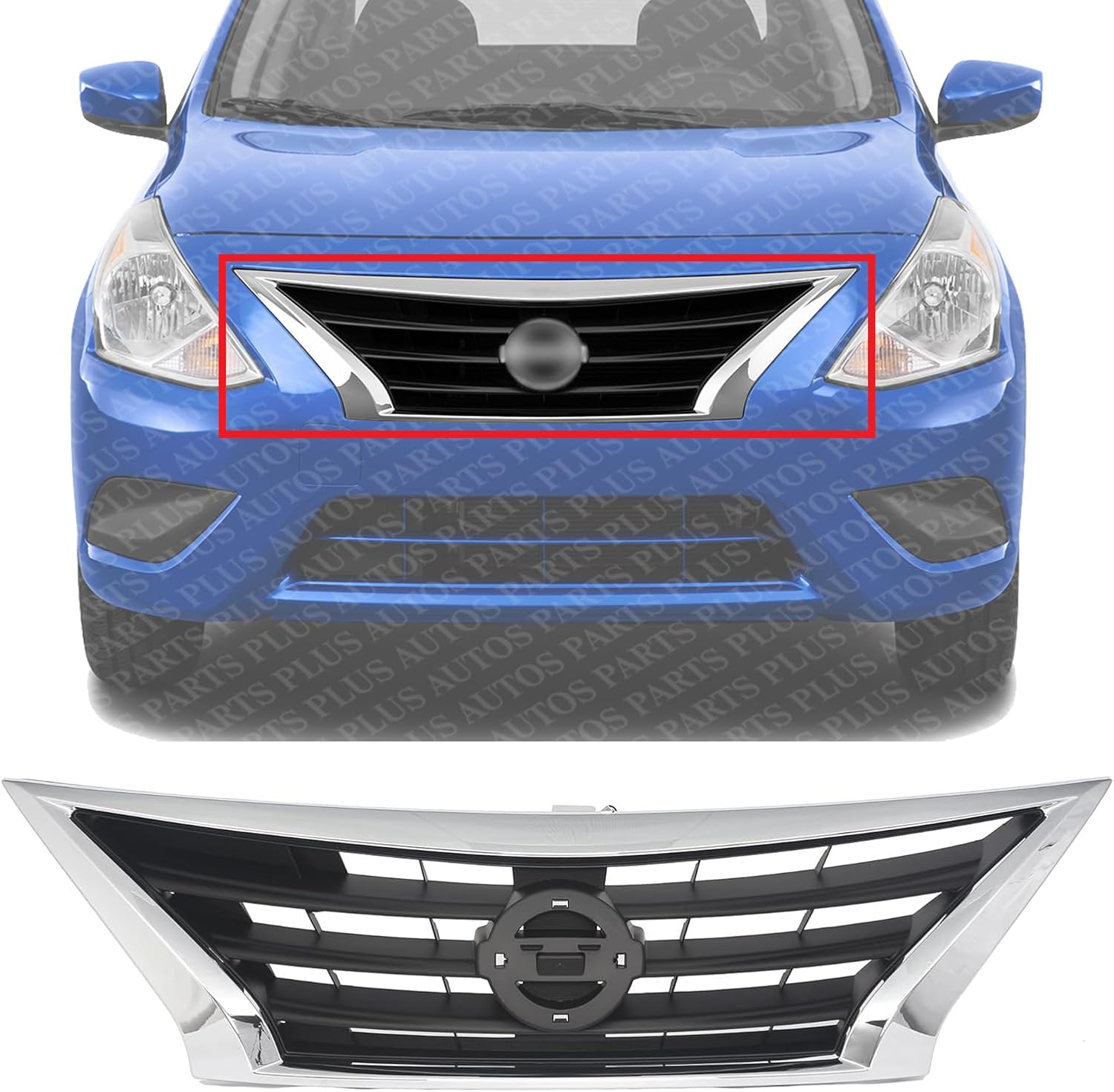 Front Grille Assembly Chrome Shell With Primed Insert Plastic Direct Replacement Compatible With 2015-2019 Nissan Versa NI1200261 623109KM0D 623109KM0A