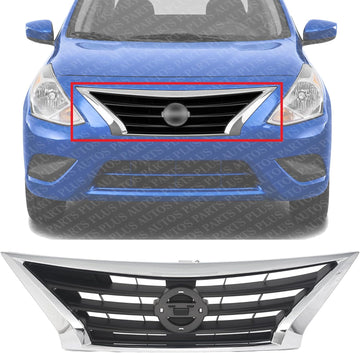 Front Grille Assembly Chrome Shell With Primed Insert Plastic Direct Replacement Compatible With 2015-2019 Nissan Versa NI1200261 623109KM0D 623109KM0A