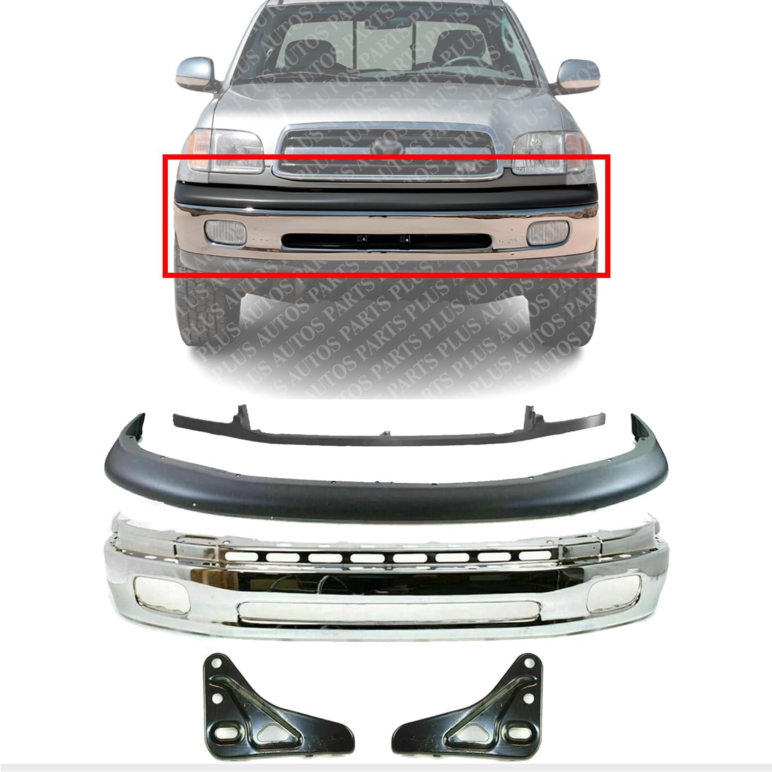 Front Bumper Chrome Steel + Upper Cover Textured + Filler Primed + Bracket Set Of 2 Left Driver & Light Passenger Side Direct Replacement Compatible With 2000-2006 Toyota Tundra