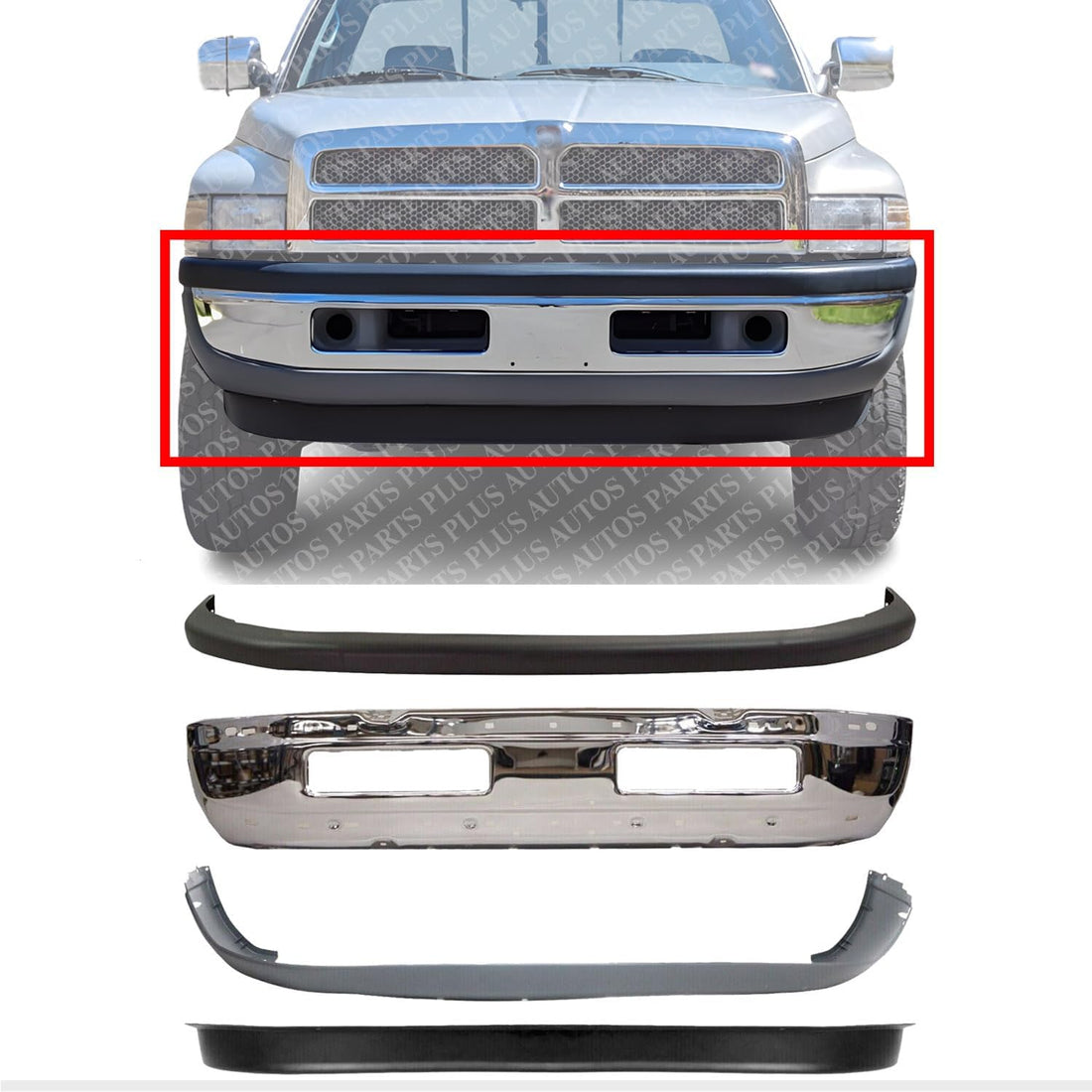 Front Bumper Chrome Steel + Upper & Lower Cover + Valance Air Deflector Textured Direct Replacement For 1994-2001 Dodge Ram 1500/1994-2002 2500 3500 CH1000232 CH1000160 CH1002256