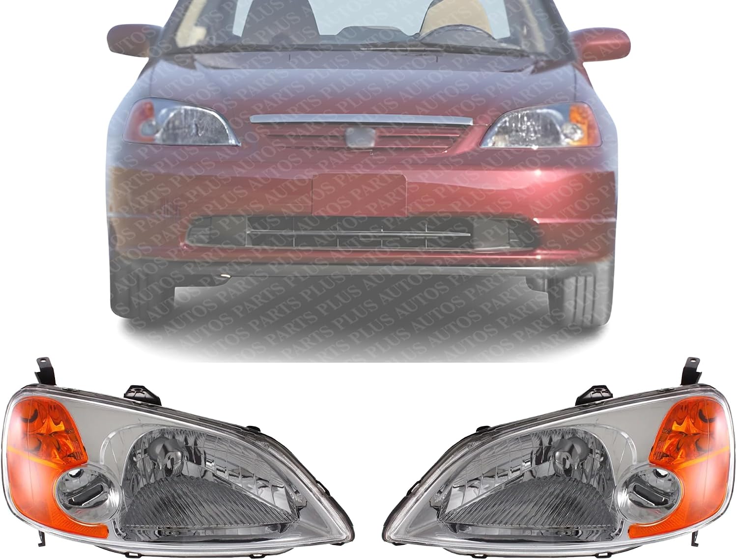 Set Of 2 Front Head Light Assembly Lens and Housing Left Driver & Right Passenger Side Direct Replacement Compatible With 2001-2003 Honda Civic HO2502116 HO2503116