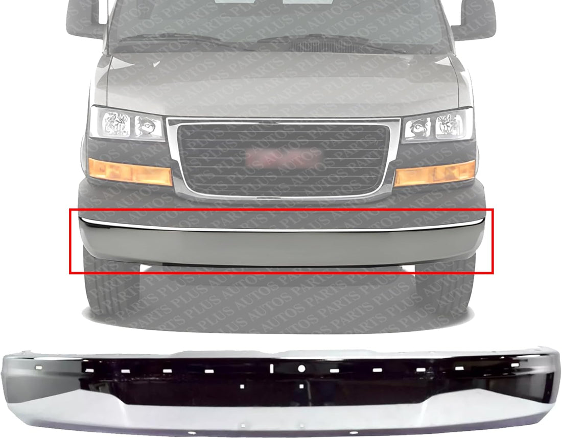 New Front Bumper Face Bar Chrome Steel With License Plate Holes Direct Replacement For Chevrolet Express/GMC Savana Van 2003-2023 19303361 GM1002459