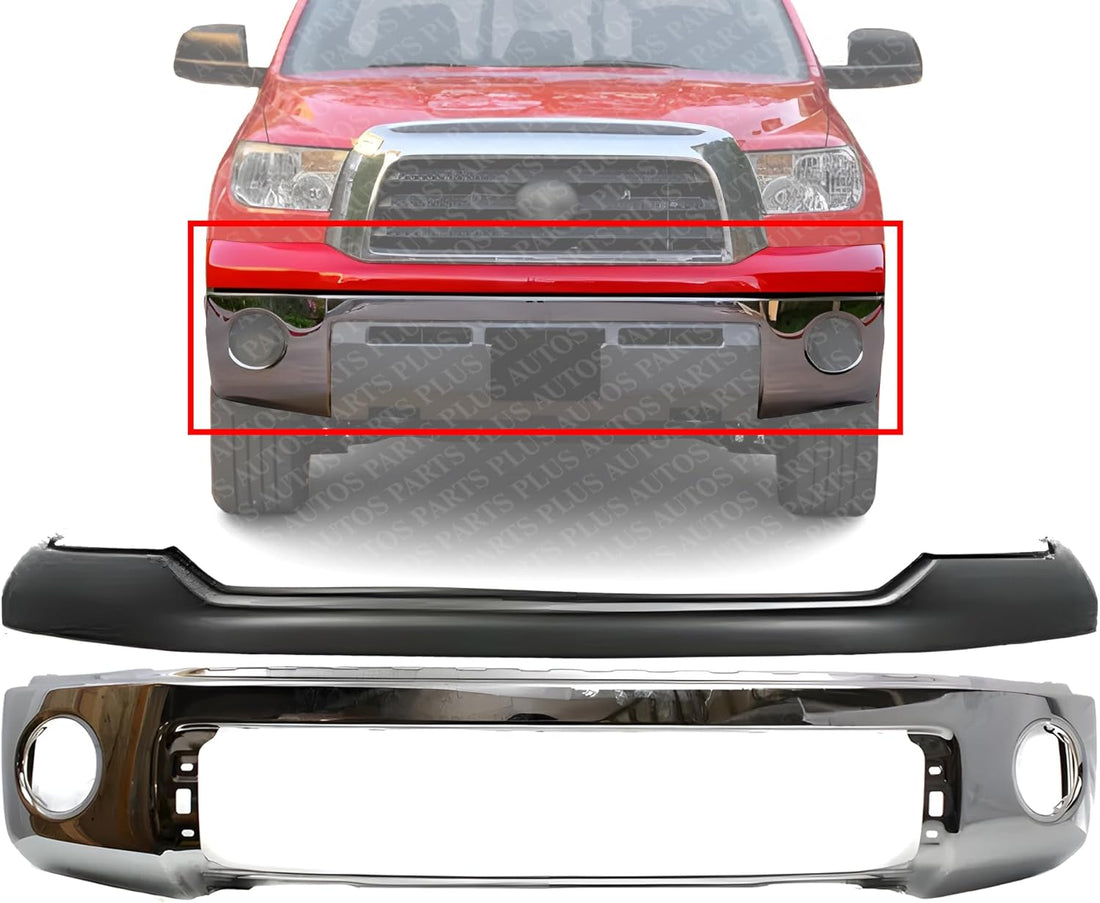 AUTOS PARTS PLUS Front Bumper Chrome Steel + Upper Cover Primed Direct Replacement Compatible With 2007-2013 Toyota Tundra TO1002182 TO1014100 521290C901 521110C021