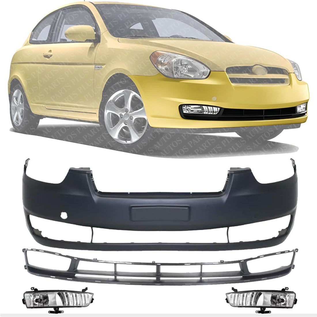 Front Bumper Plastic + Lower Grille Primed + Fog Lights Left Driver & Right Passenger Side Direct Replacement Compatible with 2007-2011 Hyundai Accent